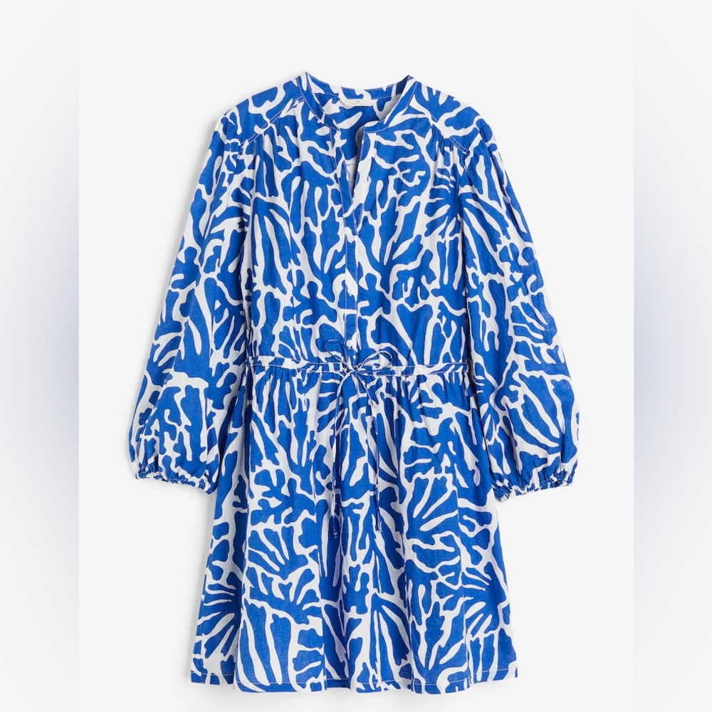 H&M Linen Blend Dress - Bright Blue Pattern Size M
